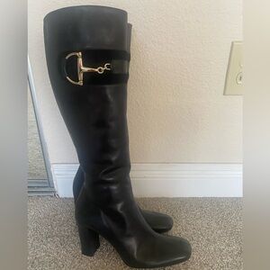 Gucci Black Leather Knee Boots with Gold Horsebit Accent
